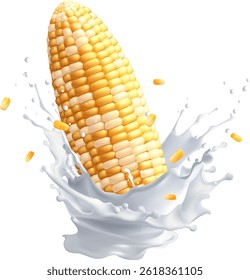 Corn kernels rotating with milk splash, isolated on white background. Flying food concept, healthy eating. Fresh corn,