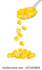 Corn kernels in a spoon on a white background, canned vegetables, vegetarian food, design for packaging. Vector.