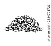 Corn kernels. Vector graphics depicting a bunch of corn kernels. Black and white hand-drawn illustration. On a white background. Great for stickers, banners, posters and packages.