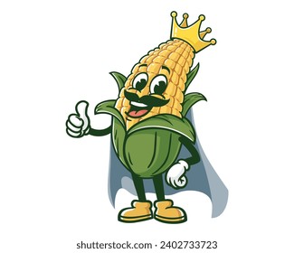 Corn King with cape maize cartoon mascot illustration character vector clip art