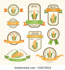 Corn labels. Vegetables color package decorations set. 