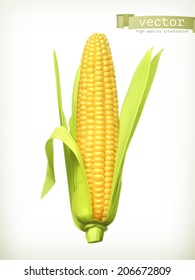 Corn with leaves. 3d vector graphic. Ripe maize