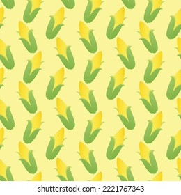 Corn with leaves seamless pattern on pale yellow background. Sweet crop harvesting surface. Vegetables vector illustration.