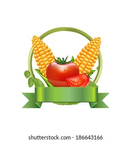 corn and leaves with tomato and green ribbon isolated on white