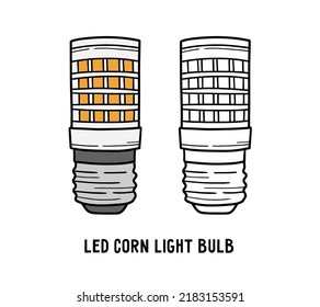 Bombilla LED de maíz, icono de lámpara ecológica de ahorro de energía, ilustración lineal vectorial en boceto estilo dibujado a mano