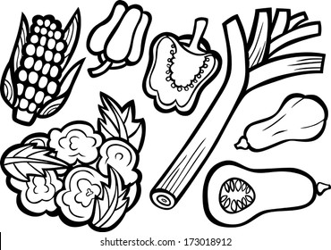 Corn, Leek, Bell Pepper, Cauliflower and Butternut Squash: Black Outline Vegetable Set