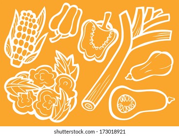 Corn, Leek, Bell Pepper, Cauliflower and Butternut Squash: White Outline on Yellow Vegetable Set