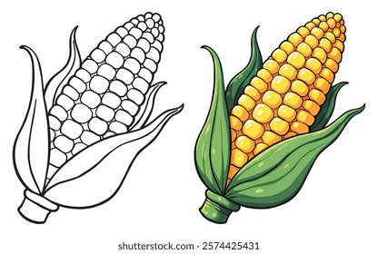 Corn Line Art Vector Illustration Black and White with Coloring Sample. Bold and Easy Food, Fruits, Sweets, Drinks, Dessert, and Snacks Coloring Pages for Adults and Kids