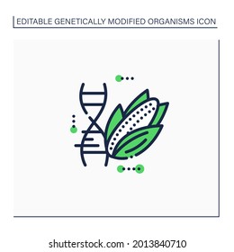 Corn line icon. Changing corn DNA molecule. GMO product. Editing gene. Microbiology. Genetically modified organism concept. Isolated vector illustration.Editable stroke