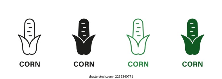 Corn Line and Silhouette Icon Set. Maize Grain Green and Black Pictogram. Corncob Plant, Sweetcorn Symbol Collection on White Background. Healthy Nutrition Sign. Isolated Vector Illustration.