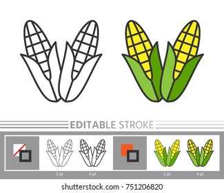 Corn linear icon. Line without and with color fill. Editable stroke, fill, background. Simple outline sign. Web, print, logo, kids or adult antistress coloring page, book design Vector illustration