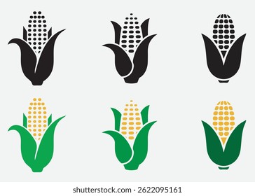 Corn Logo Icon Set—Modern Agriculture Symbols. A versatile set of corn-themed logo icons in black and green-yellow variants.