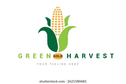 Corn Logo. Organic Farm Emblem with Green and Yellow Corn Vector. A professional and minimalist logo design featuring a stylized corncob in golden yellow with green husks.