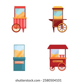 Corn machine icons set cartoon vector. Vintage kiosk in amusement park. Street food