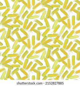 Corn, maize cobs. Seamless pattern of ripe corn cobs on white background. Summer, autumn harvest. Canned vegetables, vegetarian food. Vector flat design for textile, fabric, packaging, wallpaper
