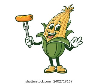 Corn maize with corn dog and okay hand pose cartoon mascot illustration character vector clip art