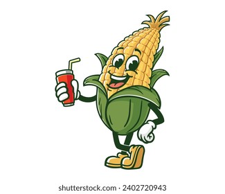 Corn maize with a drink cartoon mascot illustration character vector clip art