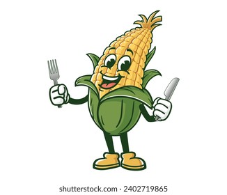 Corn maize with fork and knife cartoon mascot illustration character vector clip art