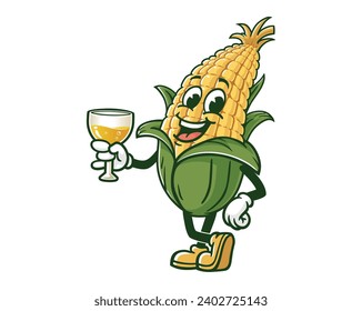 corn maize with a glass of drink cartoon mascot illustration character vector clip art