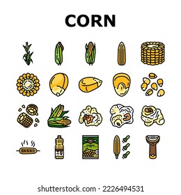 corn maize green, cob sweet icons set vector. farm grain, food plant, agriculture field yellow, leaf fresh, organic crop, summer corn maize green, cob sweet color line illustrations