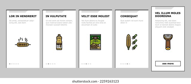 corn maize green, cob sweet onboarding mobile vector. farm grain, food plant, agriculture field yellow, leaf fresh, organic crop, summer corn maize green, cob sweet illustrations