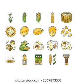 corn maize green, cob sweet icons set vector. farm grain, food plant, agriculture field yellow, leaf fresh, organic crop, summer corn maize green, cob sweet color line illustrations