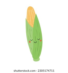 Corn, maize with kawaii face cute cartoon character illustration. Hand drawn style flat design, isolated vector. Kids print element, healthy, seasonal food, farm, harvest, summer, autumn