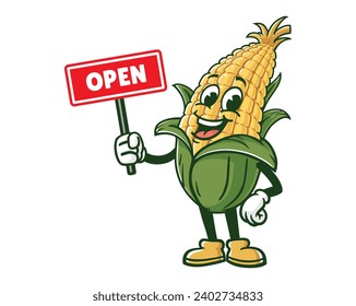 corn maize with open sign board  cartoon mascot illustration character vector clip art