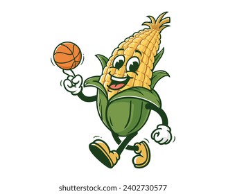 corn maize playing basketball cartoon mascot illustration character vector clip art