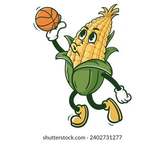 corn maize playing basketball slam dunk cartoon mascot illustration character vector clip art