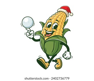 corn maize playing snowball and wearing Christmas hat cartoon mascot illustration character vector clip art