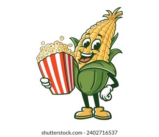 corn maize with Popcorn cartoon mascot illustration character vector clip art