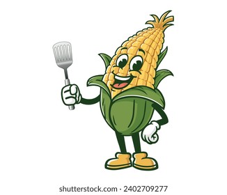 corn maize with spatula cartoon mascot illustration character vector clip art