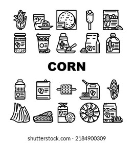 corn maize sweet plant cob icons set vector. white green farm, field grain food, leaf agriculture yellow vegetable, popcorn seed corn maize sweet plant cob black contour illustrations