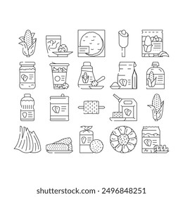 corn maize sweet plant cob icons set vector. white green farm, field grain food, leaf agriculture yellow vegetable, popcorn seed corn maize sweet plant cob black contour illustrations