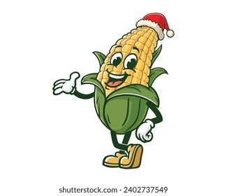 corn maize wearing Christmas hat cartoon mascot illustration character vector clip art