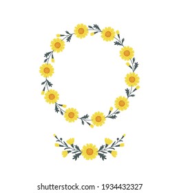 Corn Marigold floral wreath clipart isolated on white background. Folksy daisy decorative botanical round frame vector illustration.