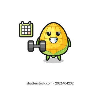 corn mascot cartoon doing fitness with dumbbell , cute style design for t shirt, sticker, logo element