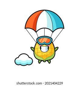 corn mascot cartoon is skydiving with happy gesture , cute style design for t shirt, sticker, logo element