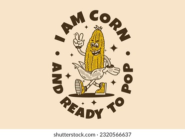 Corn mascot character walking with happy face, drawing in vintage style