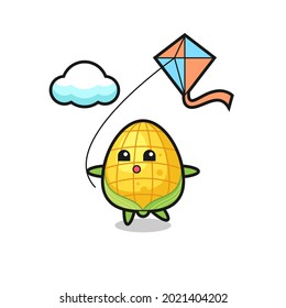 corn mascot illustration is playing kite , cute style design for t shirt, sticker, logo element