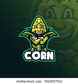 Corn Mascot Logo Design Vector With Modern Illustration Concept Style For Badge, Emblem And Tshirt Printing. Smart Corn Illustration For  Food Logo.