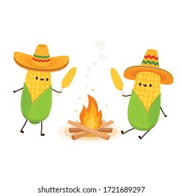 Corn in a Mexican hat. Grilled corn
vector. Corn character design. Corn vector on white background.