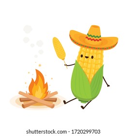 Corn in a Mexican hat. Corn vector. Corn character design. Corn vector on white background. Bonfire vector.