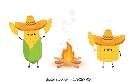 Corn in a Mexican hat. Corn vector. Corn character design. Corn vector on white background. Bonfire vector.