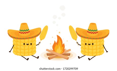 Corn in a Mexican hat. Corn vector. Corn character design. Corn vector on white background. Bonfire vector.