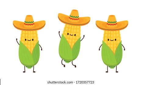 Corn in a Mexican hat. Corn vector. Corn character design. Corn vector on white background.