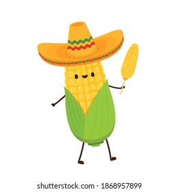 Corn in a Mexican hat. Corn vector. Corn character design. Corn vector on white background.