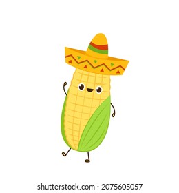 Corn in a Mexican hat. Corn vector. Corn character design. Corn vector on white background.