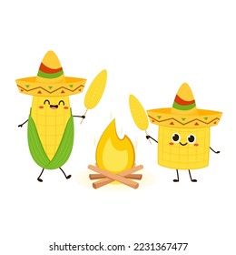 Corn in a Mexican hat. Corn vector. Corn character design. Corn vector on white background. Bonfire vector.